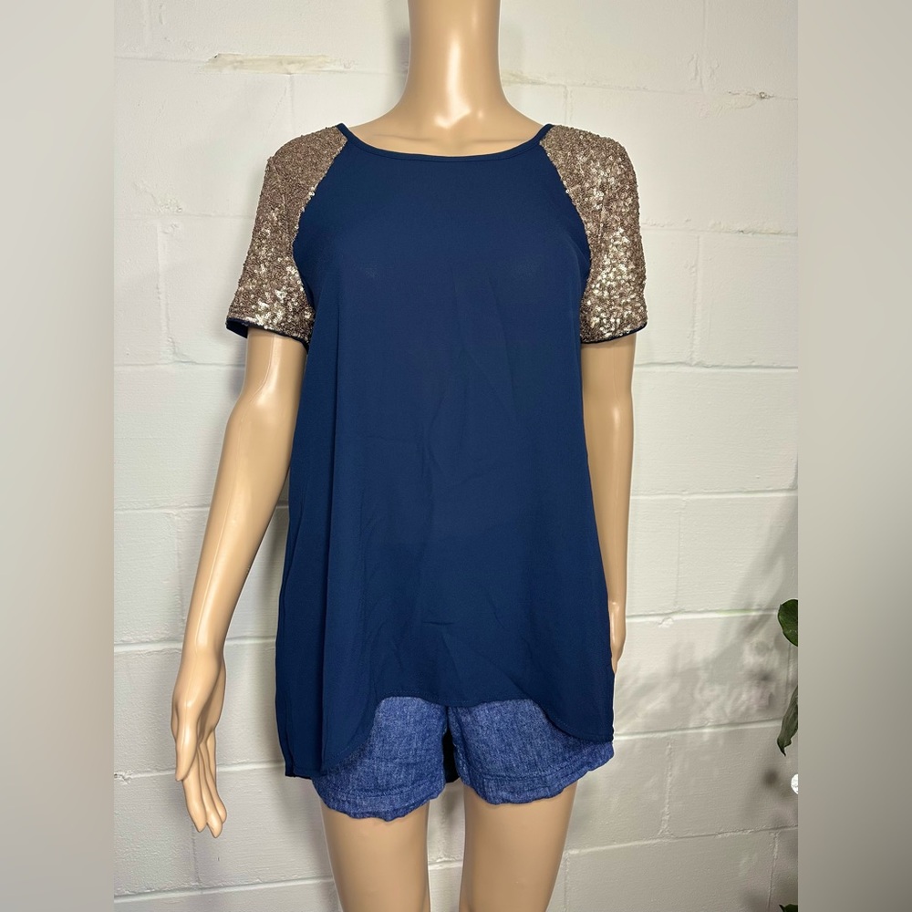 Katie Sequin Tops Short Sleeves Navy Blue Size Medium